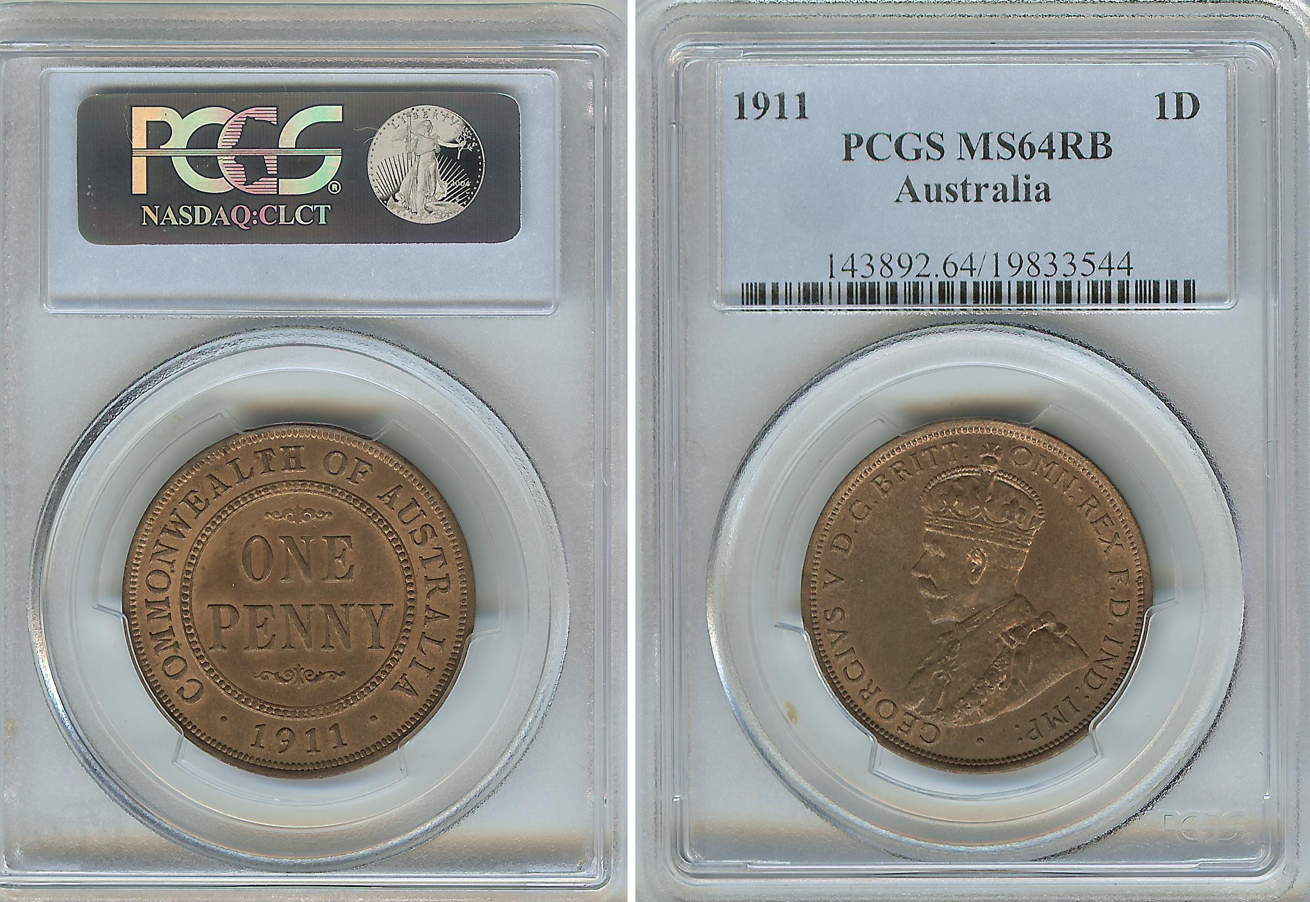 Australian Penny 1911 PCGS MS64RB